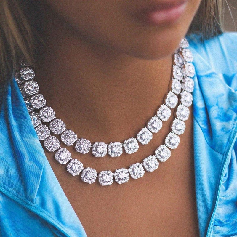 JINAO 10mm Tennis Necklace Chain 18k Gold Plated Square Halo Necklace with Round Cut Cluster Cubic Zirconia Jumbo Lab Simulated Diamond Iced Out Chain for Men Women (White Gold, 18) - Image 4